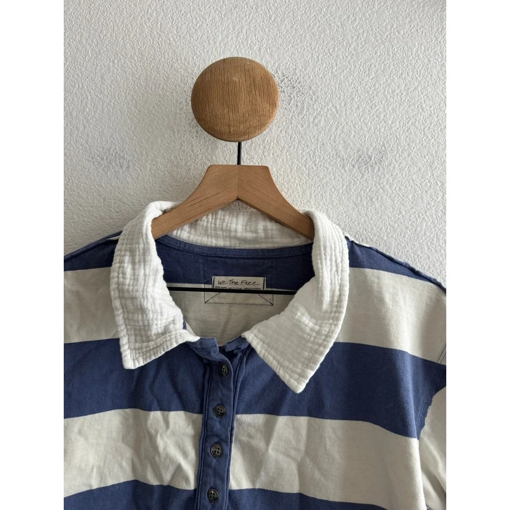 We The Free People Blue White Striped Cropped Rugby Polo Shirt Size XS